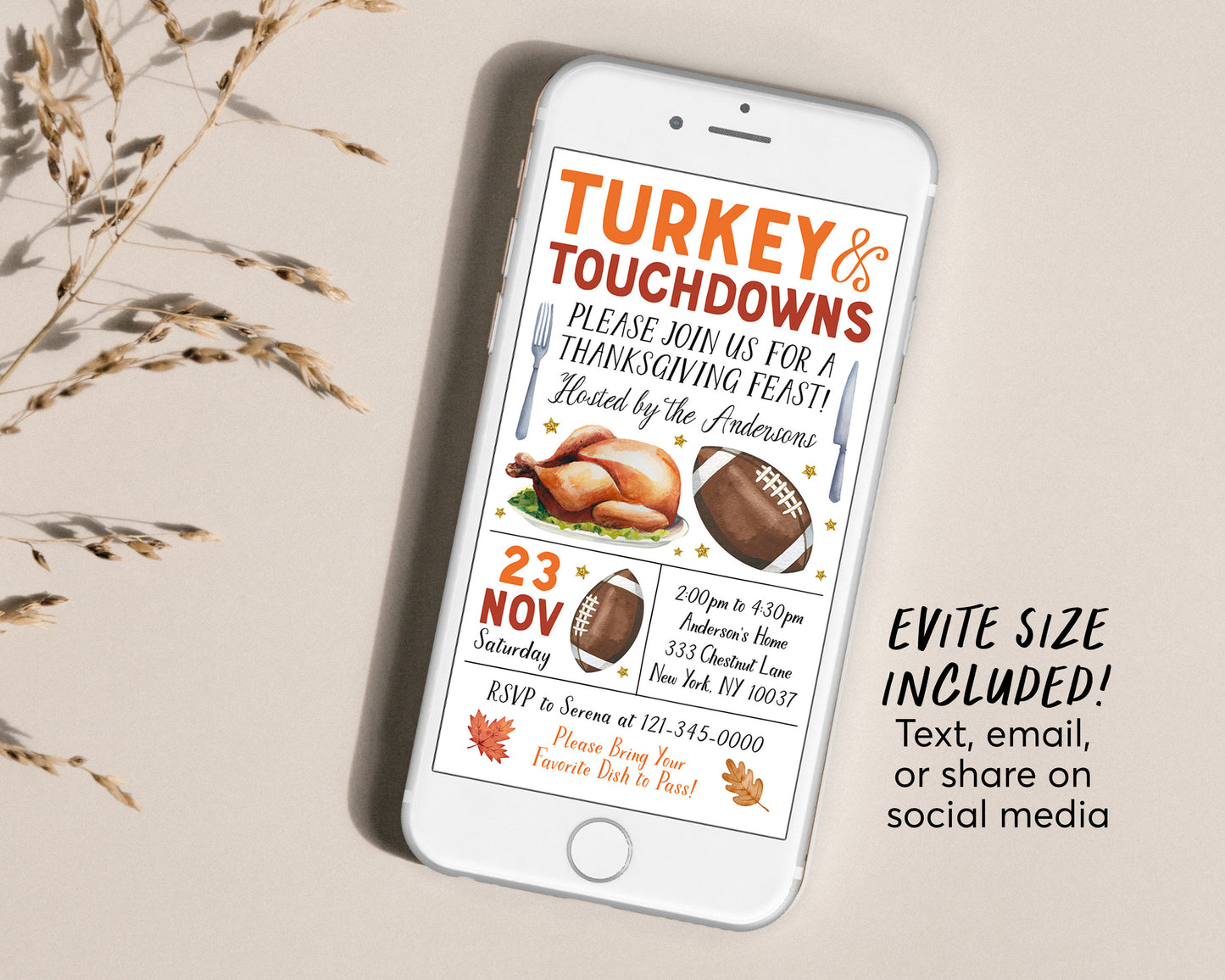 Turkey And Touchdowns Invitation Editable Template, Friendsgiving Dinner Invite, Thanksgiving Football Feast Evite Printable, Fall Potluck