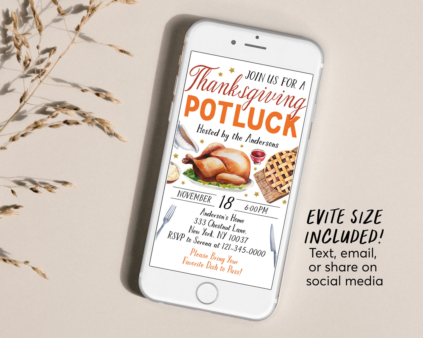 Thanksgiving Dinner Potluck Invitation Editable Template, Friendsgiving Dinner Invite, Thanksgiving Feast Evite Printable, Fall Gathering