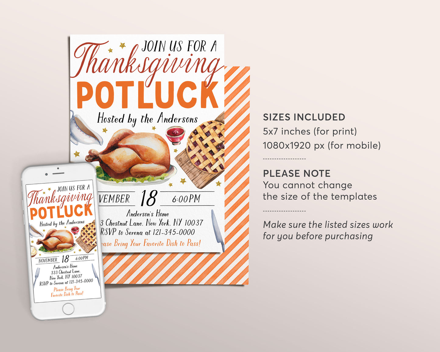 Thanksgiving Dinner Potluck Invitation Editable Template, Friendsgiving Dinner Invite, Thanksgiving Feast Evite Printable, Fall Gathering