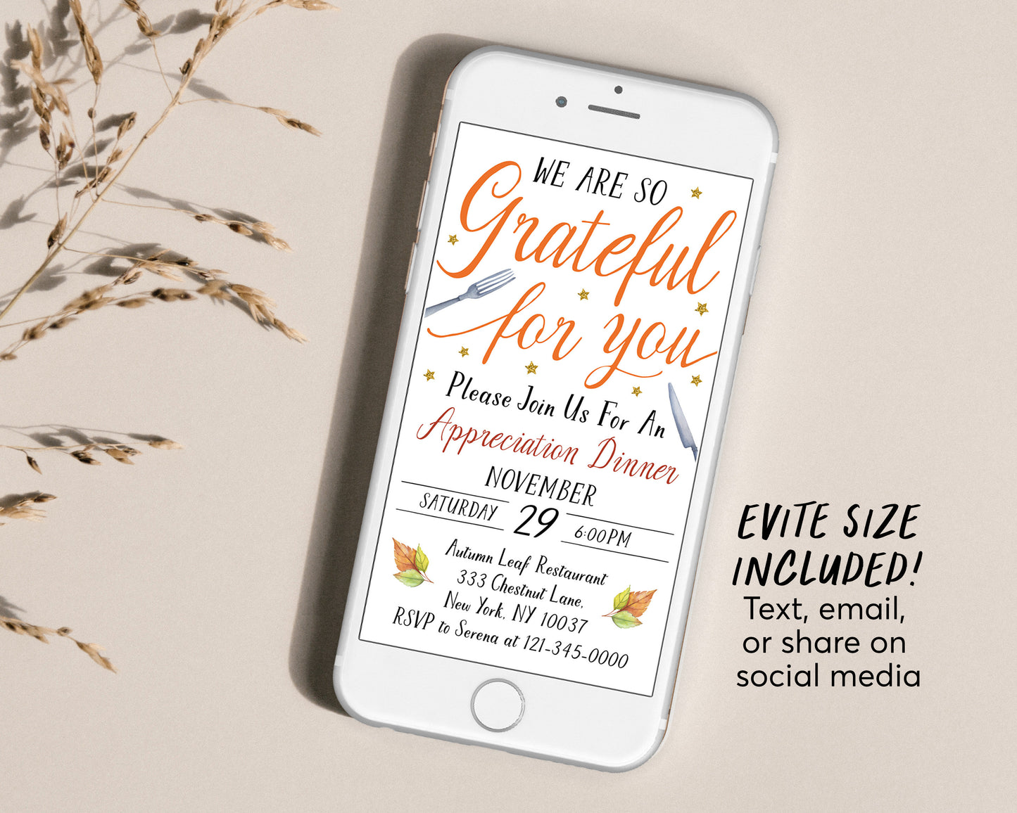 Grateful For You Appreciation Invitation Editable Template, Fall Thanksgiving Dinner Luncheon Invite, Employee Teacher Staff Client Evite