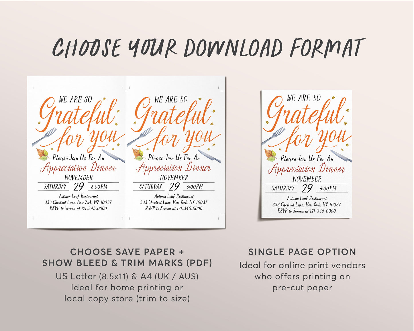 Grateful For You Appreciation Invitation Editable Template, Fall Thanksgiving Dinner Luncheon Invite, Employee Teacher Staff Client Evite