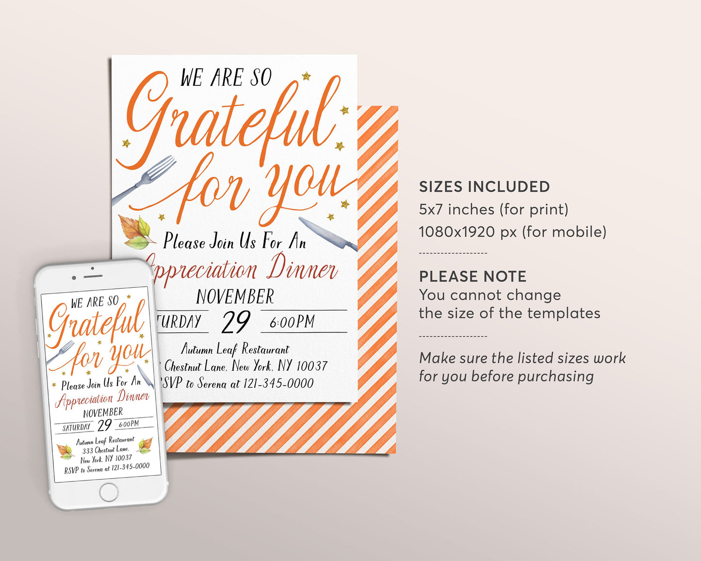 Grateful For You Appreciation Invitation Editable Template, Fall Thanksgiving Dinner Luncheon Invite, Employee Teacher Staff Client Evite