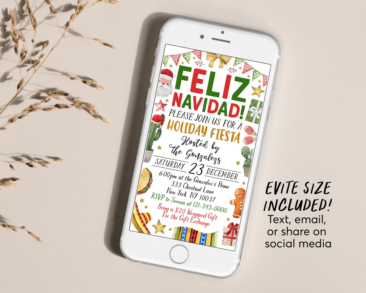 Feliz Navidad Christmas Party Invitation Editable Template, Holiday Fiesta Party Invite, Mexican Themed Christmas Cactus Celebration Evite