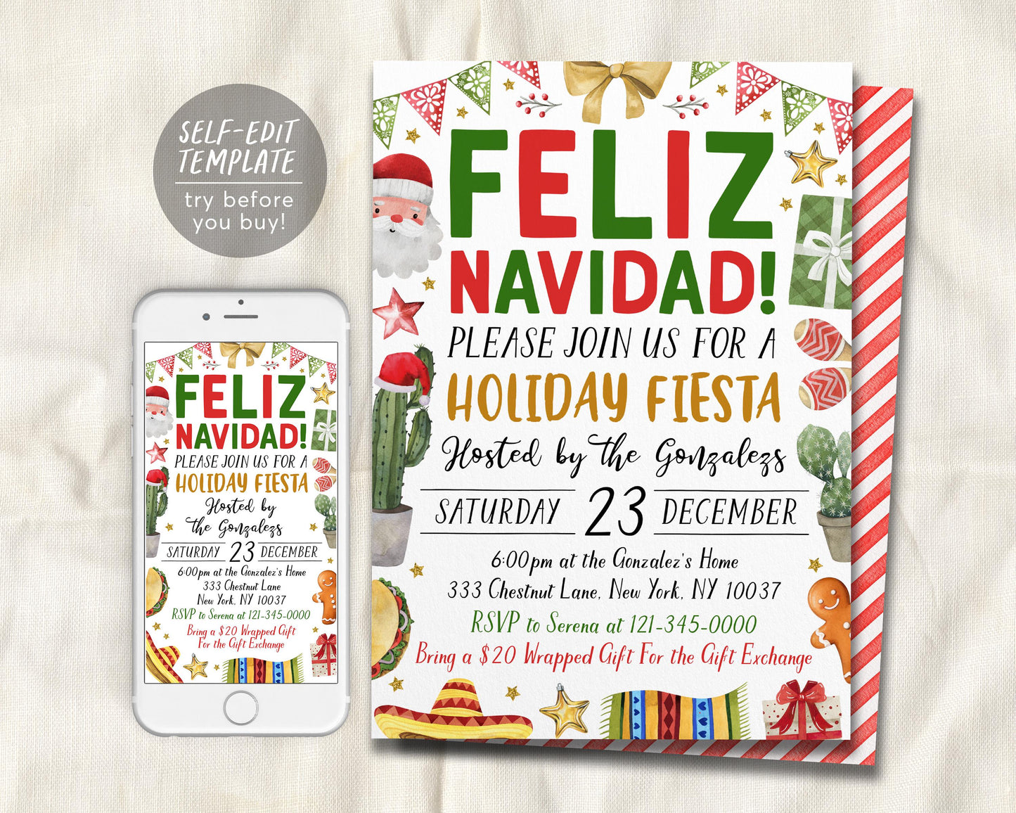 Feliz Navidad Christmas Party Invitation Editable Template