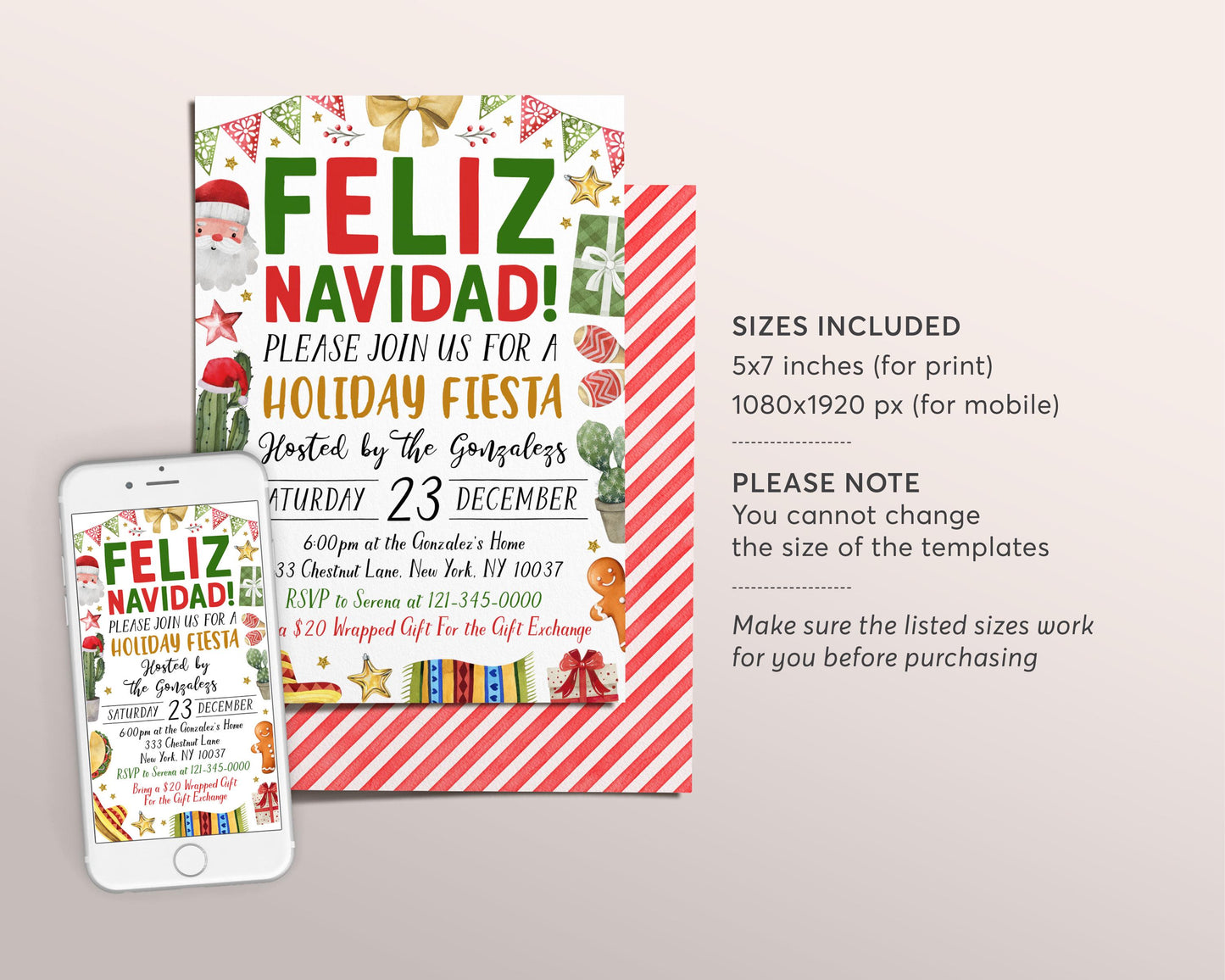 Feliz Navidad Christmas Party Invitation Editable Template, Holiday Fiesta Party Invite, Mexican Themed Christmas Cactus Celebration Evite