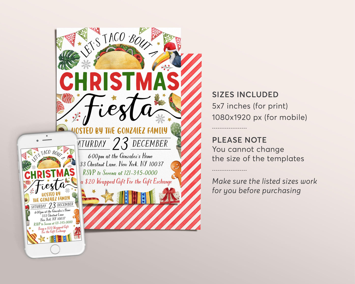 Taco Bout a Christmas Fiesta Invitation Editable Template, Mexican Themed Holiday Fiesta Party Invite, Feliz Navidad Christmas Cactus Evite