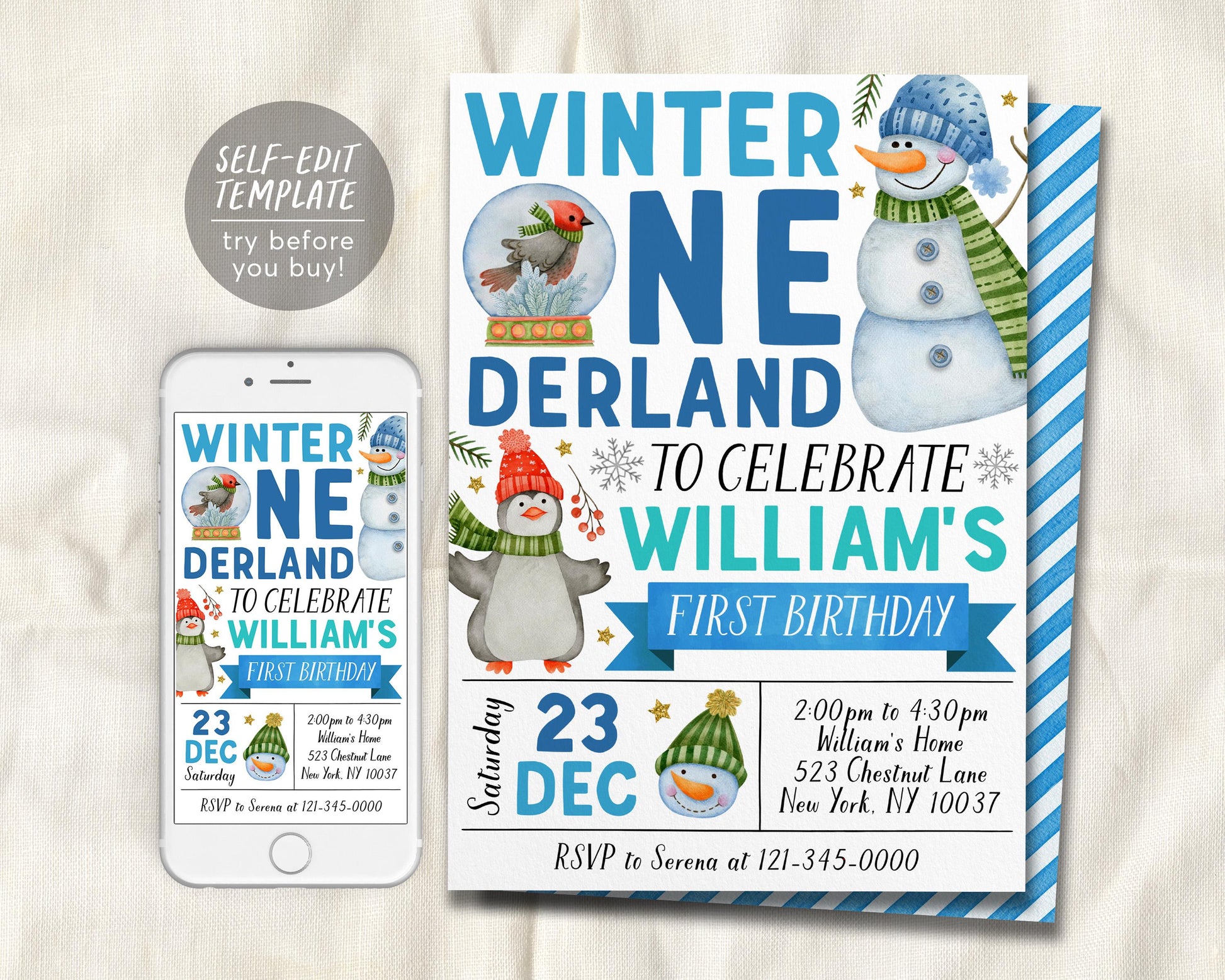 Winter Onederland First Birthday Invitation Editable Template