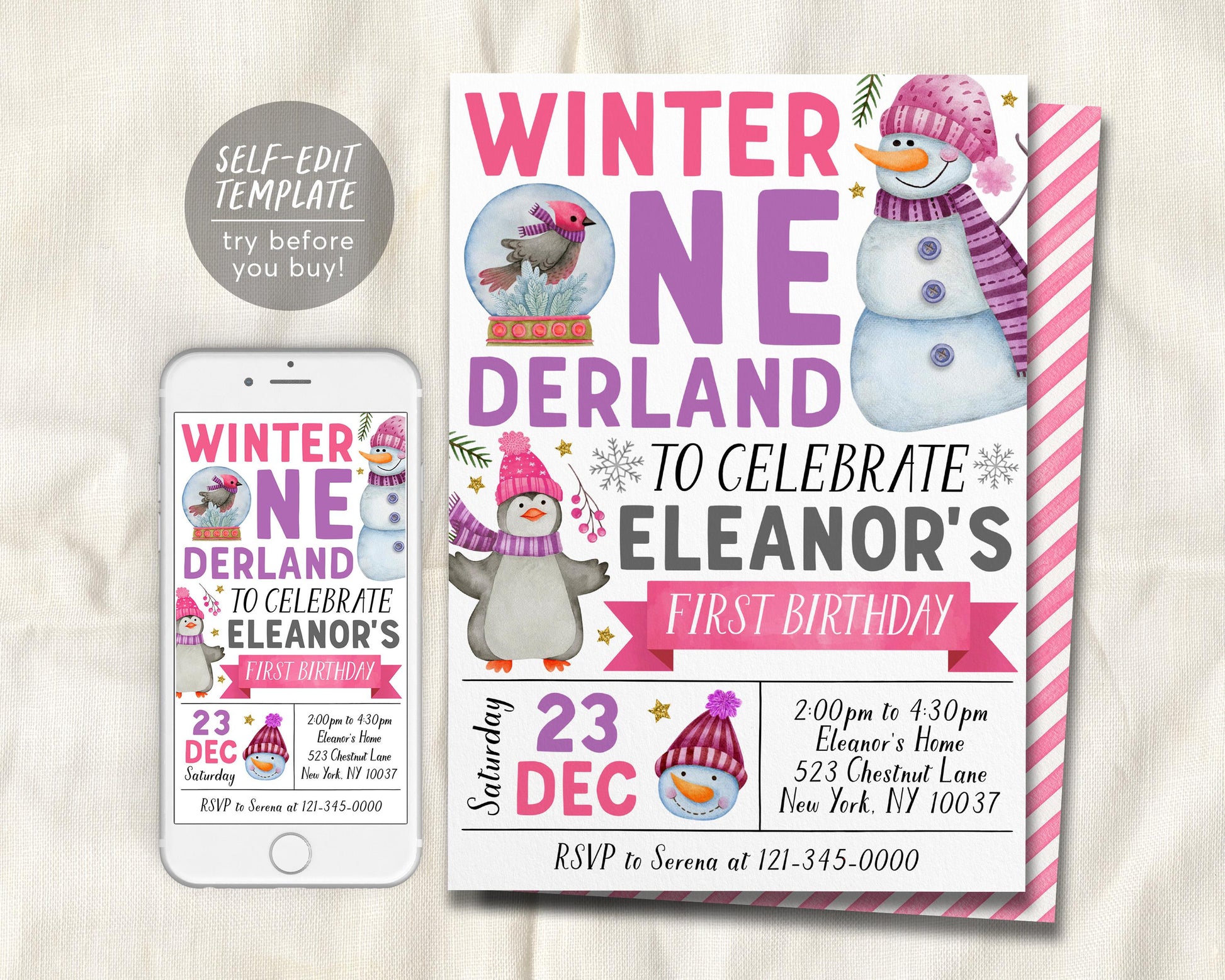 Winter Onederland First Birthday Invitation Editable Template