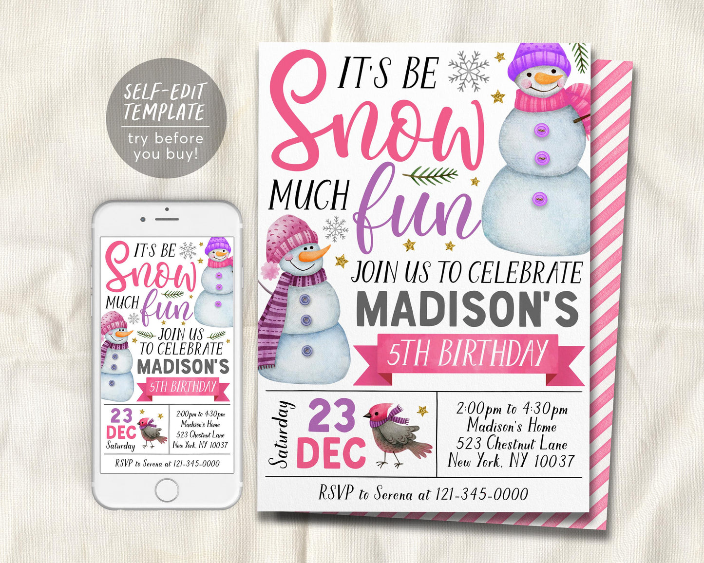 Snowman Birthday Invitation Editable Template