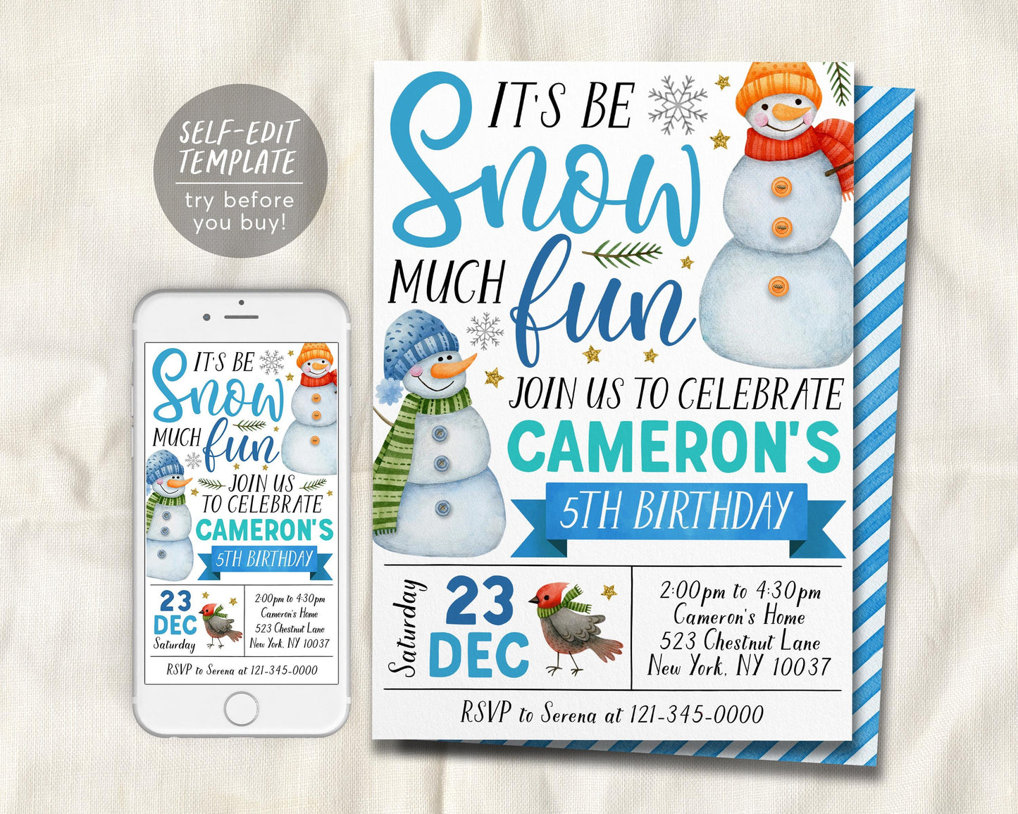 Snowman Birthday Invitation Editable Template