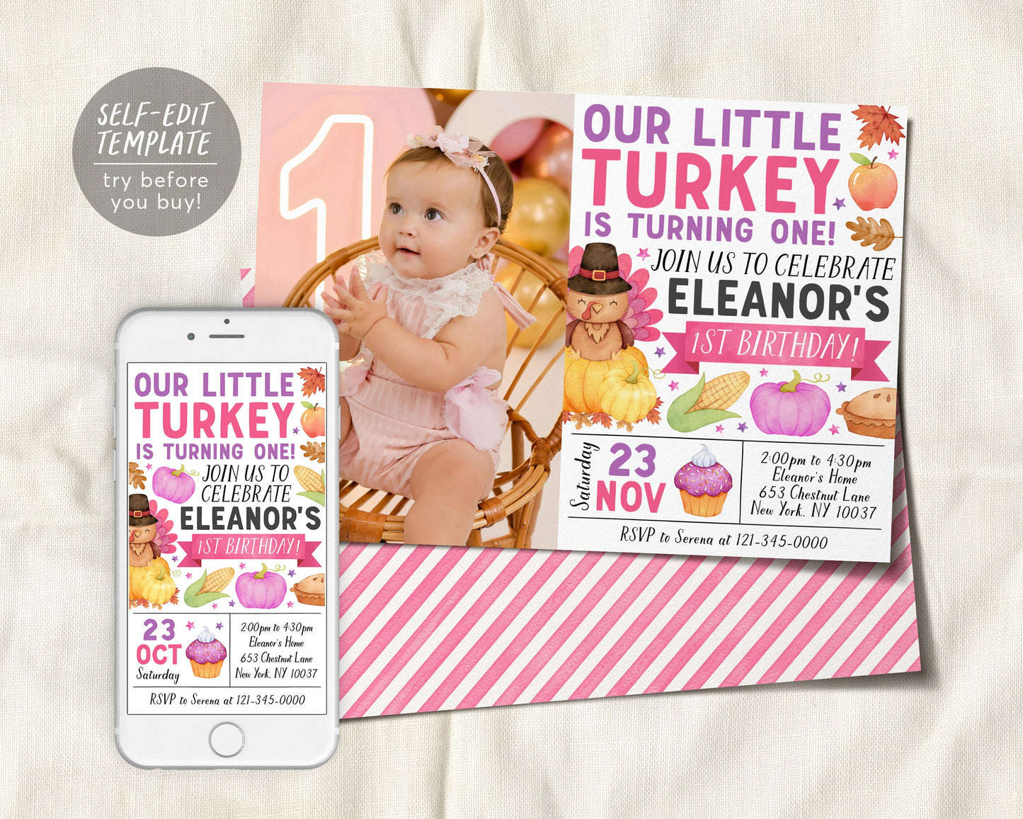 Little Turkey First Birthday Invitation With Photo Editable Template