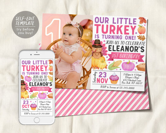 Little Turkey First Birthday Invitation With Photo Editable Template