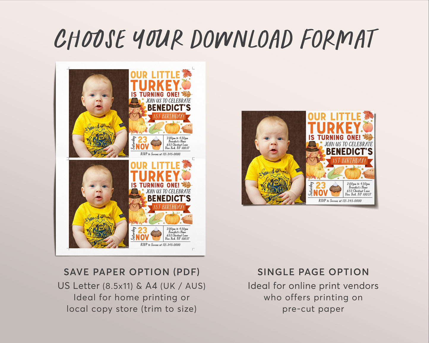 Little Turkey First Birthday Invitation With Photo Editable Template, Kids Thanksgiving Theme 1st Birthday Party Invite, Autumn Fall Evite