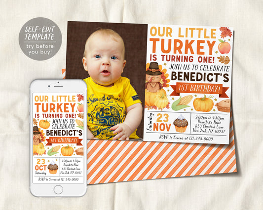 Little Turkey First Birthday Invitation With Photo Editable Template