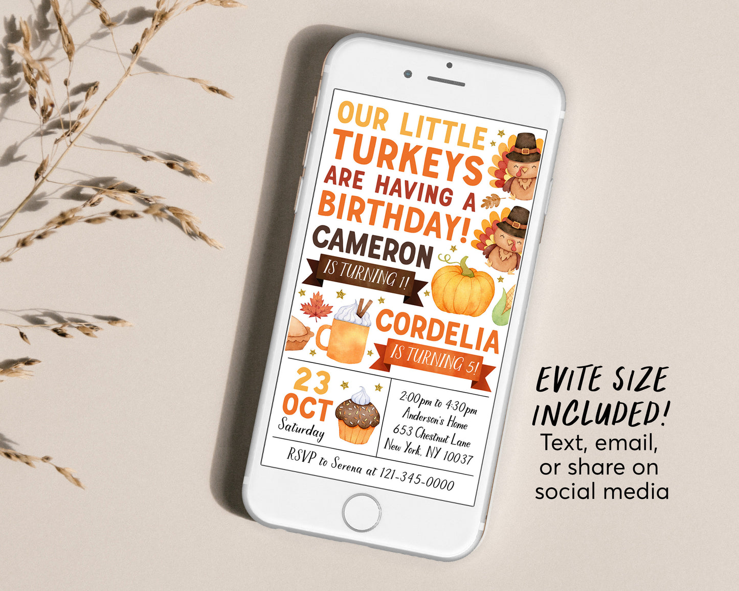 Little Turkey Joint Siblings Birthday Invitation With Photo Editable Template, Kids Twins Thanksgiving Our Little Turkeys Party Invite