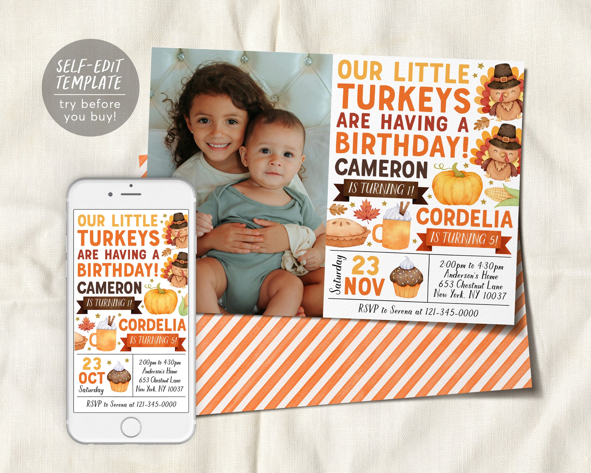 Little Turkey Joint Siblings Birthday Invitation With Photo Editable Template