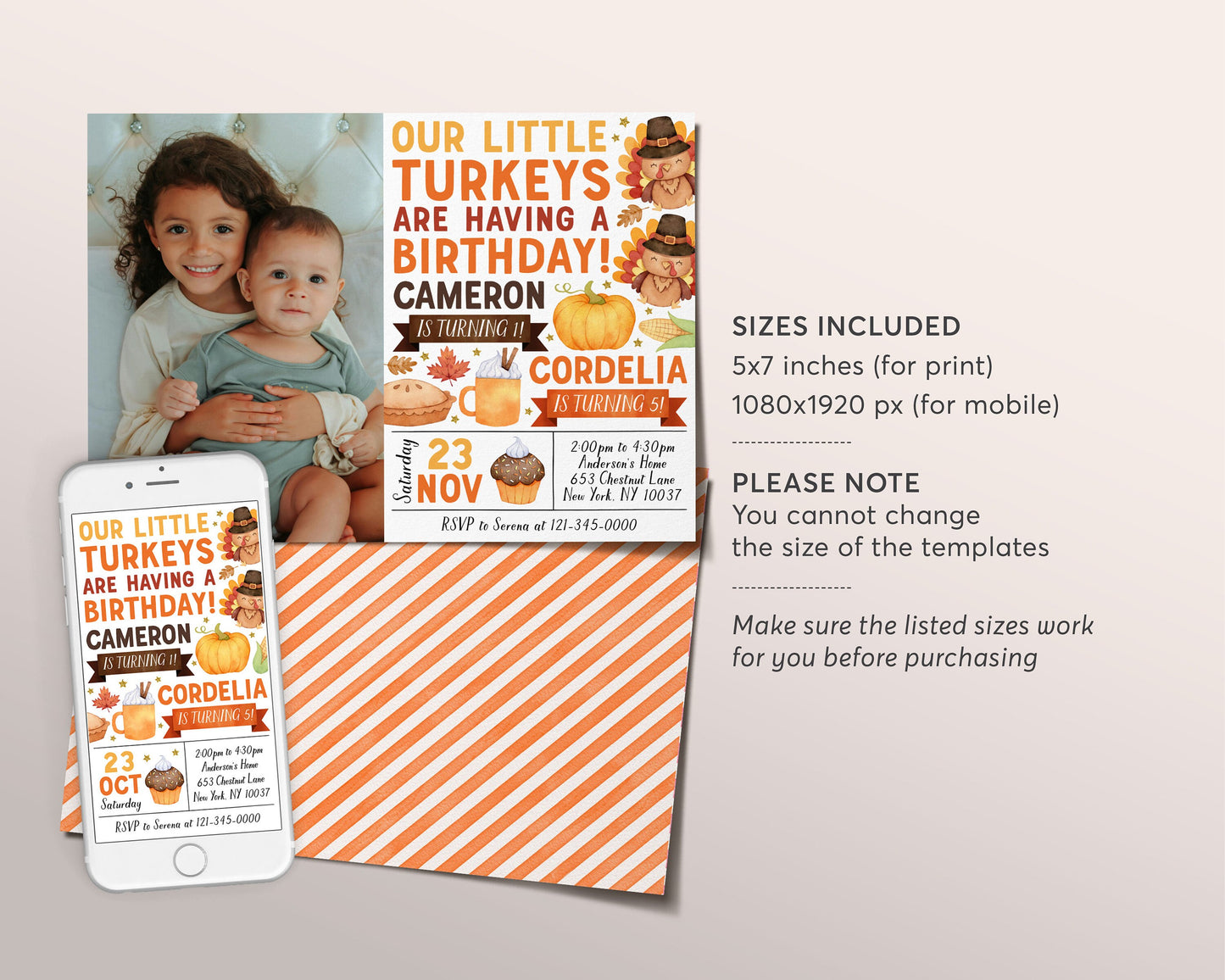 Little Turkey Joint Siblings Birthday Invitation With Photo Editable Template, Kids Twins Thanksgiving Our Little Turkeys Party Invite