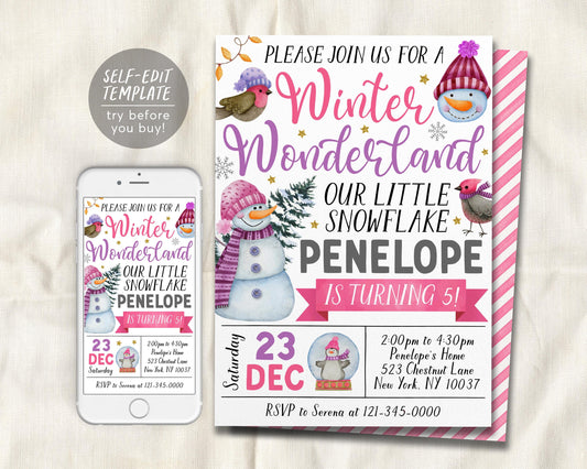 Winter Wonderland Birthday Invitation Editable Template