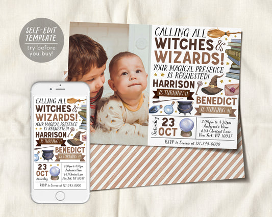 Wizard Joint Siblings Birthday Invitation With Photo Editable Template