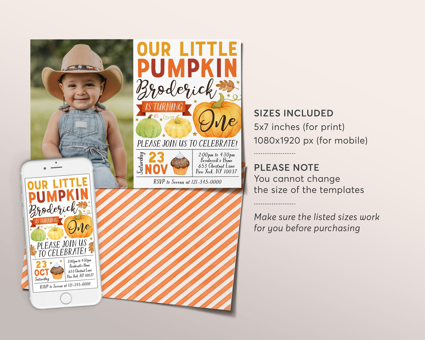 Our Little Pumpkin First Birthday Invitation With Photo Editable Template, Kids Thanksgiving 1st Birthday Party Invite, Pumpkins Fall Evite