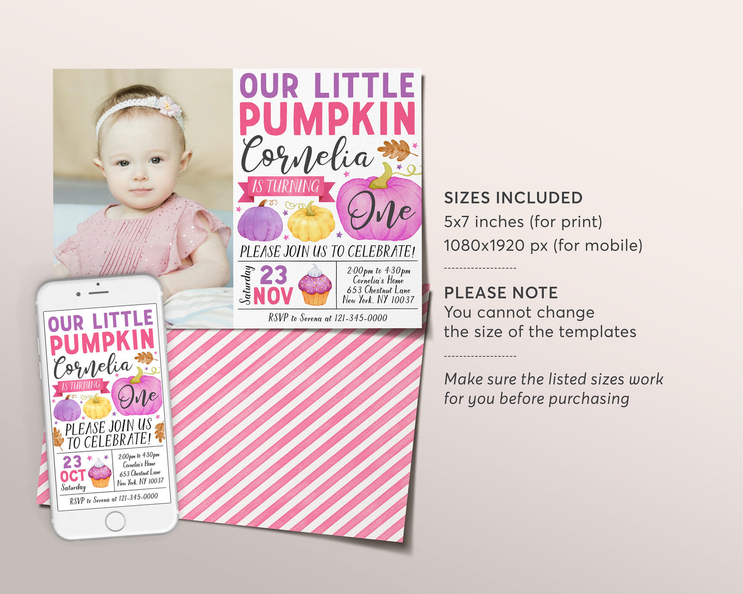 Our Little Pumpkin First Birthday Invitation With Photo Editable Template, Kids Girl Thanksgiving 1st Birthday Party Invite, Autumn Evite