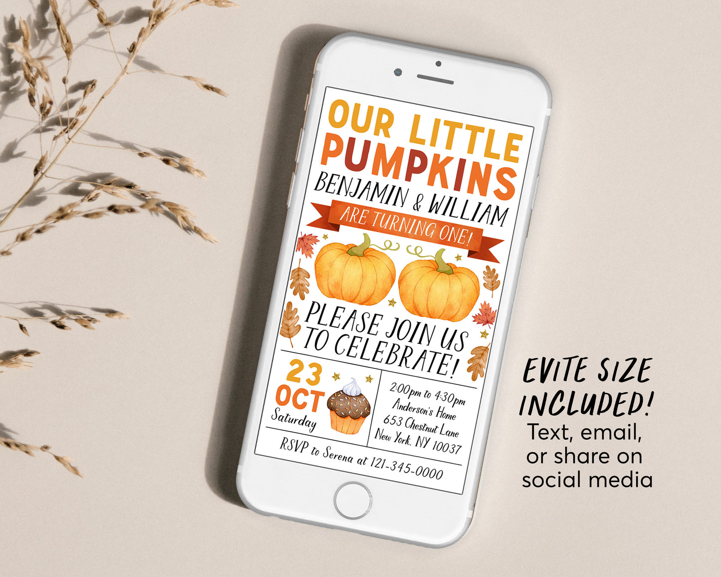 Our Little Pumpkins Joint Twins First Birthday Invitation With Photo Editable Template, Siblings Thanksgiving 1st Birthday Party Invite