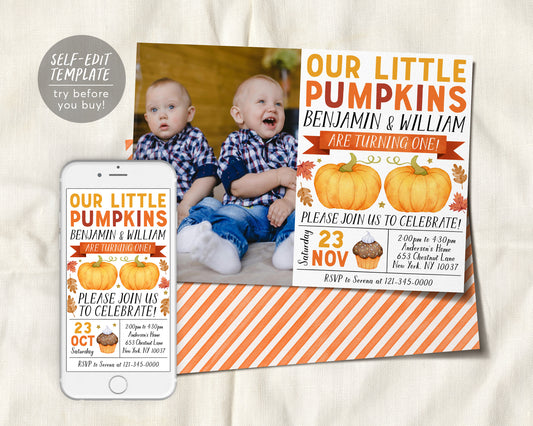 Our Little Pumpkins Joint Twins First Birthday Invitation With Photo Editable Template