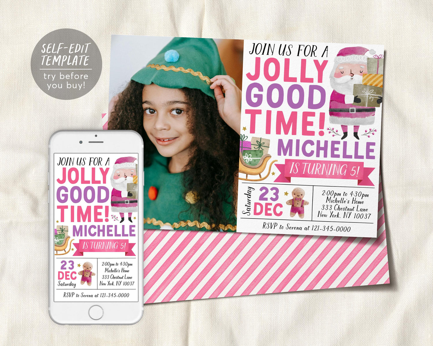 Christmas Jolly Good Time Birthday Invitation With Photo Editable Template