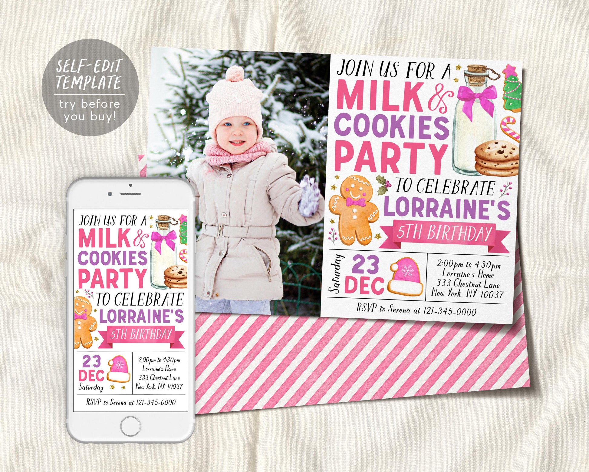 Christmas Milk and Cookies Birthday Invitation With Photo Editable Template