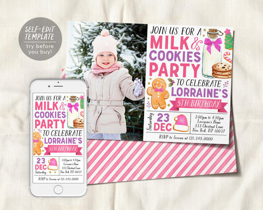 Christmas Milk and Cookies Birthday Invitation With Photo Editable Template