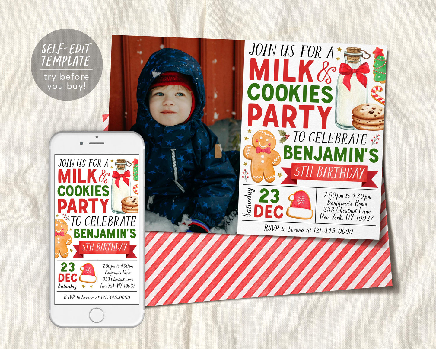 Christmas Milk and Cookies Birthday Invitation With Photo Editable Template