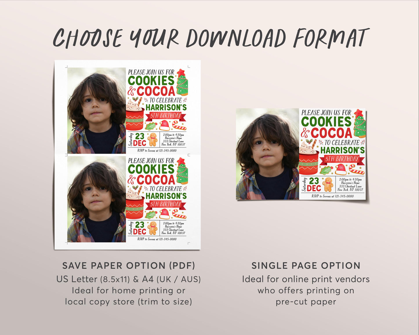 Cookies And Cocoa Birthday Invitation With Photo Editable Template, Kids Christmas Holiday Cookies And Hot Chocolate Party Invite Evite