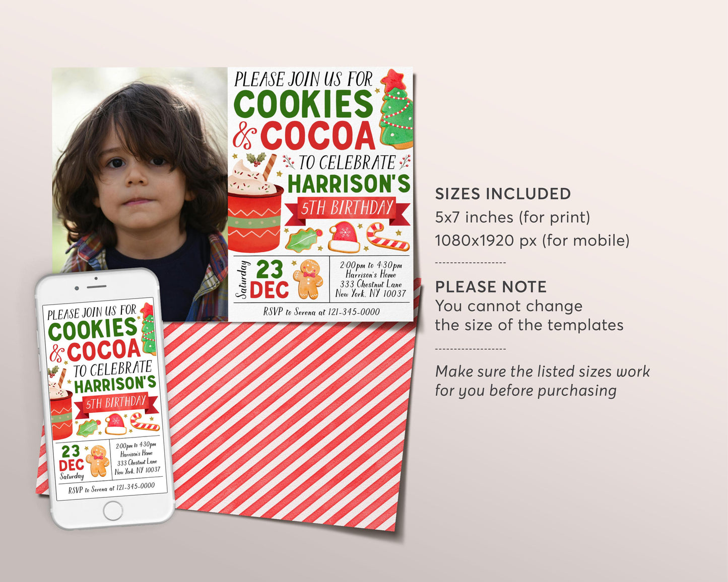 Cookies And Cocoa Birthday Invitation With Photo Editable Template, Kids Christmas Holiday Cookies And Hot Chocolate Party Invite Evite