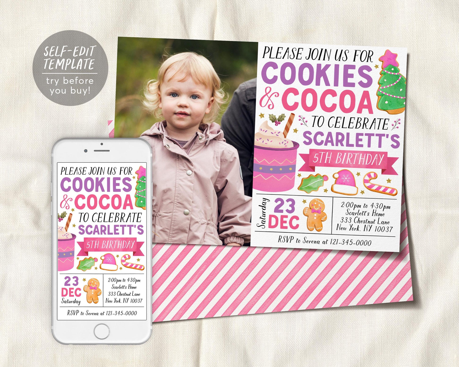 Cookies And Cocoa Birthday Invitation With Photo Editable Template