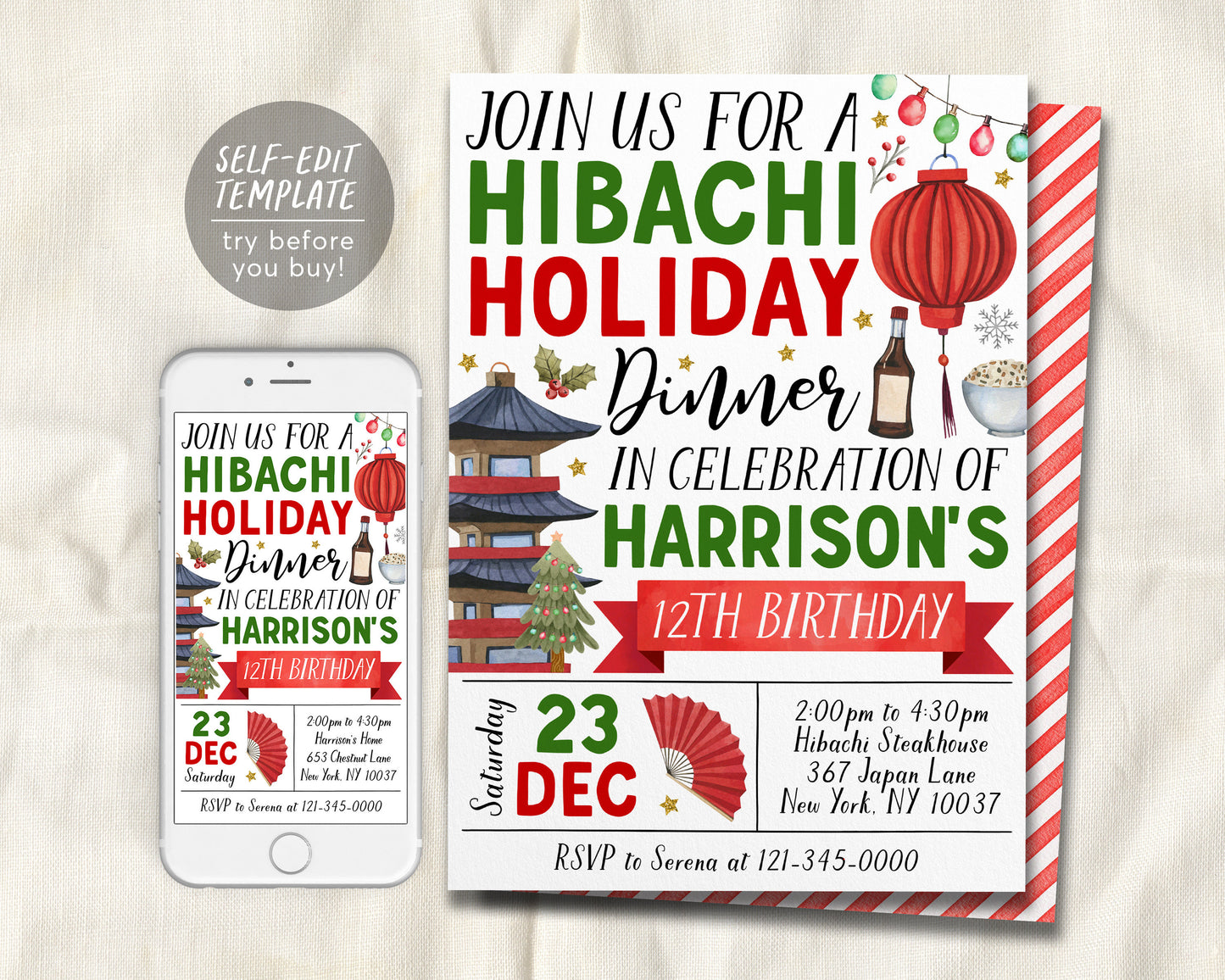 Christmas Hibachi Dinner Party Invitation Editable Template