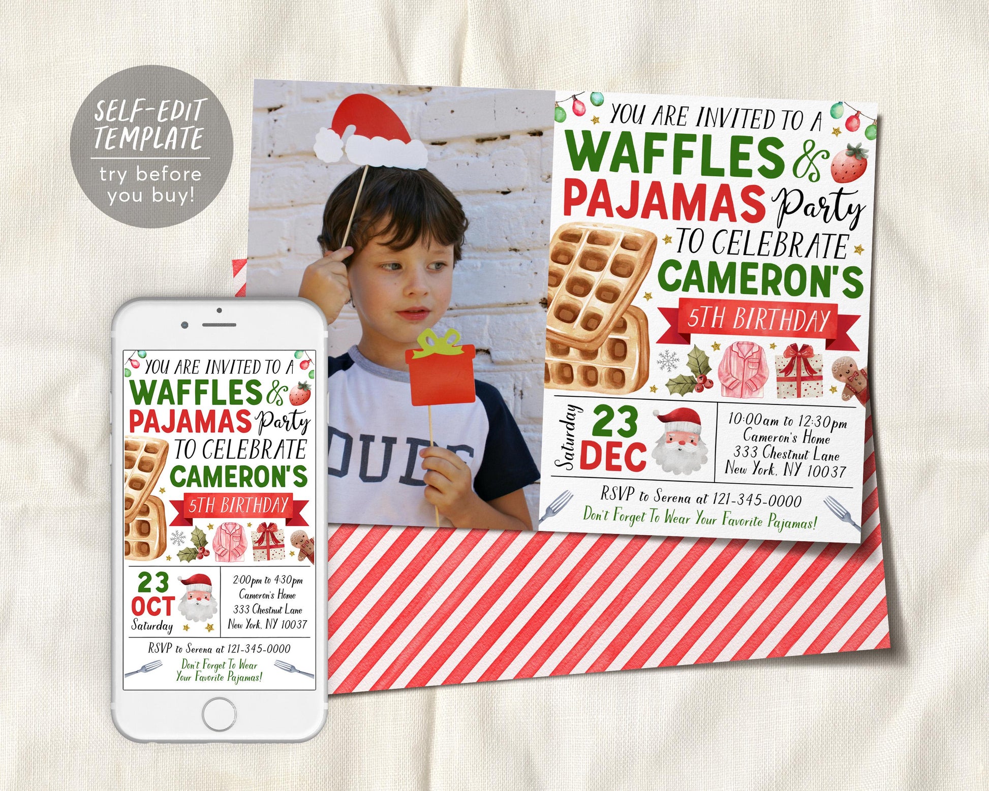 Christmas Waffles and Pajamas Birthday Invitation With Photo Editable Template