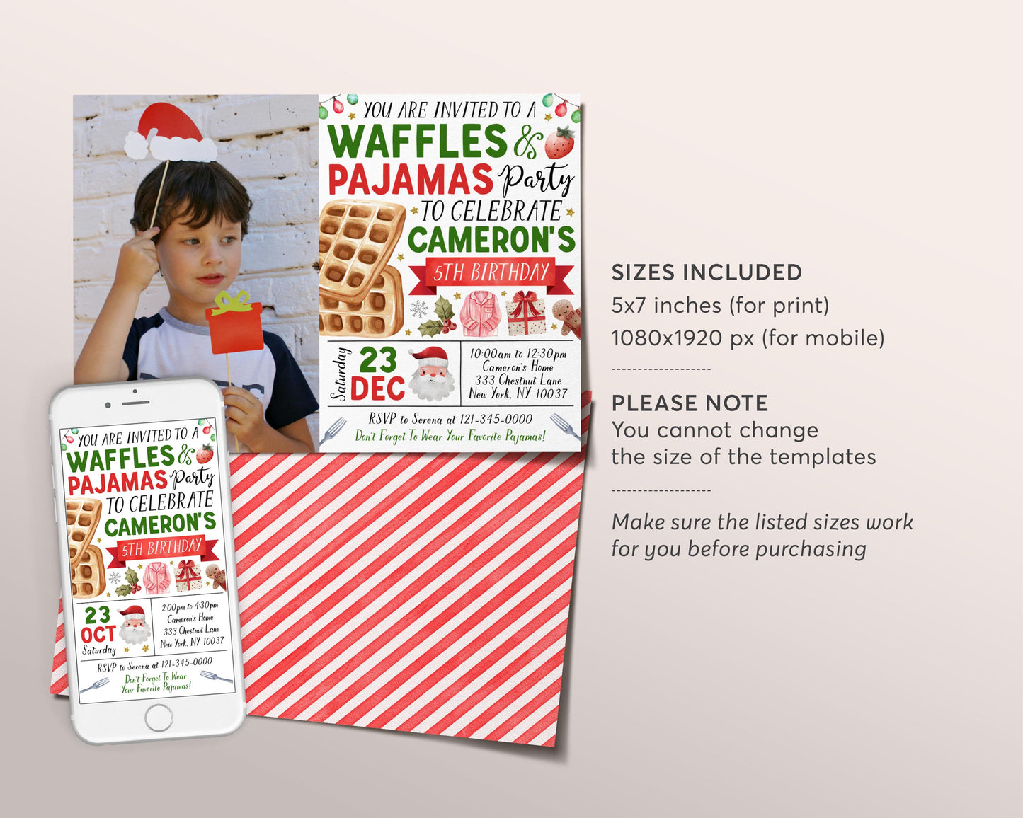 Christmas Waffles and Pajamas Birthday Invitation With Photo Editable Template, Brunch Waffles With Santa Party Invite, Kids Breakfast Evite