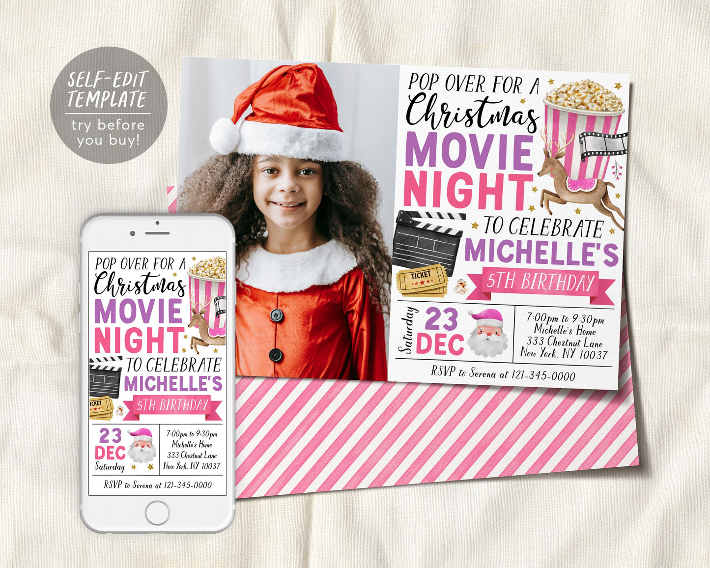 Christmas Movie Night Birthday Invitation With Photo Editable Template