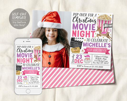 Christmas Movie Night Birthday Invitation With Photo Editable Template