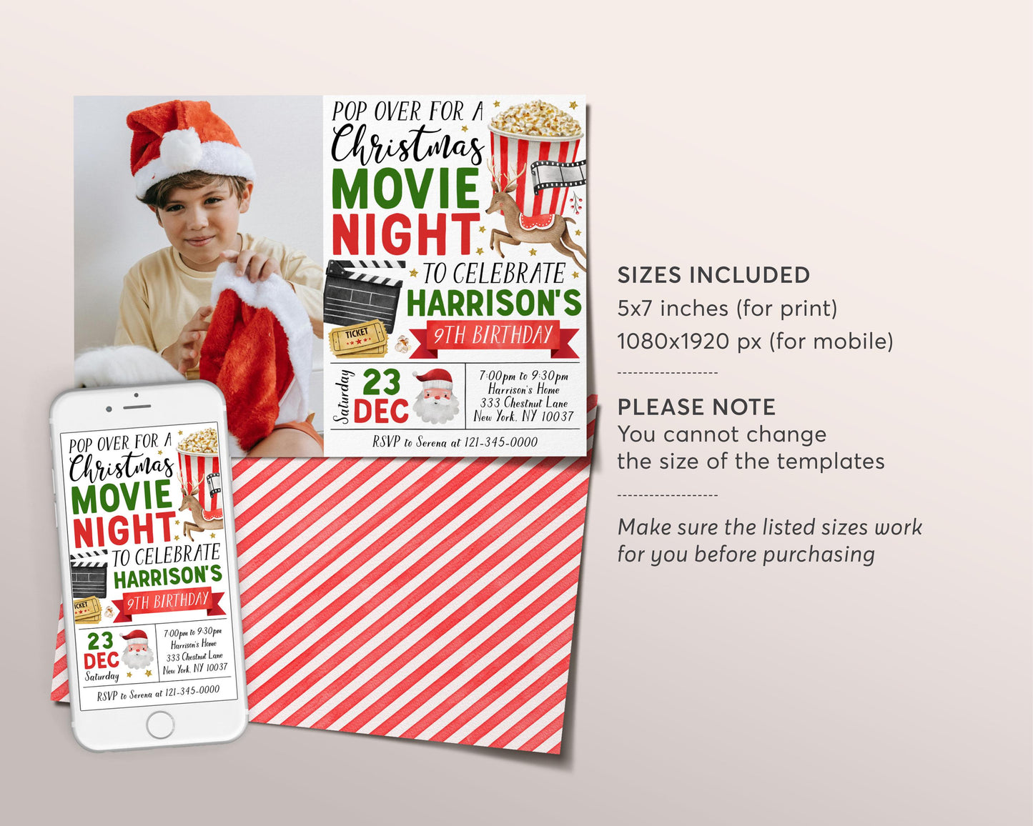 Christmas Movie Night Birthday Invitation With Photo Editable Template, Kids Backyard Outdoor Movie Night Invite, Holiday Popcorn Evite