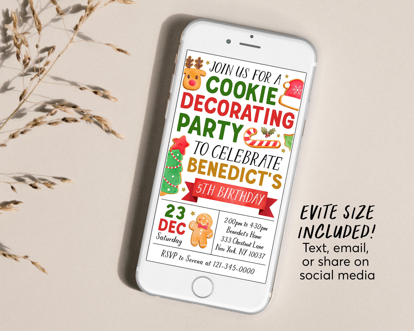 Christmas Cookie Decorating Birthday Invitation With Photo Editable Template, Holiday Kids Baking Party Invite, Santa Gingerbread Man Evite