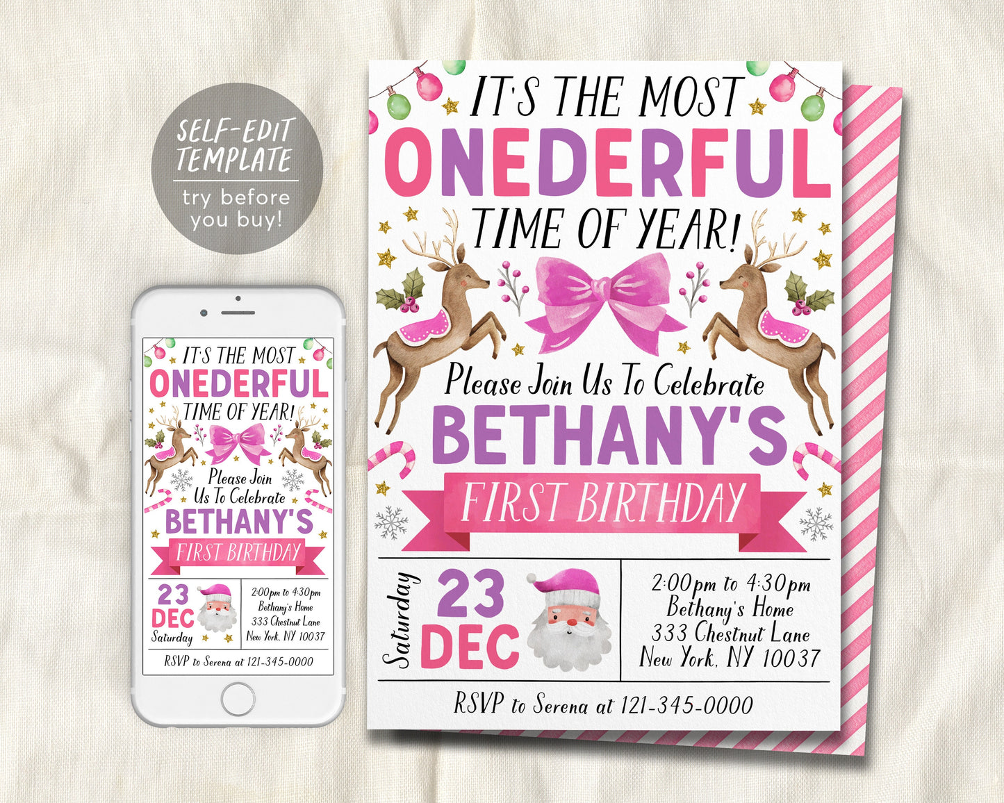 Christmas First Birthday Invitation Editable Template