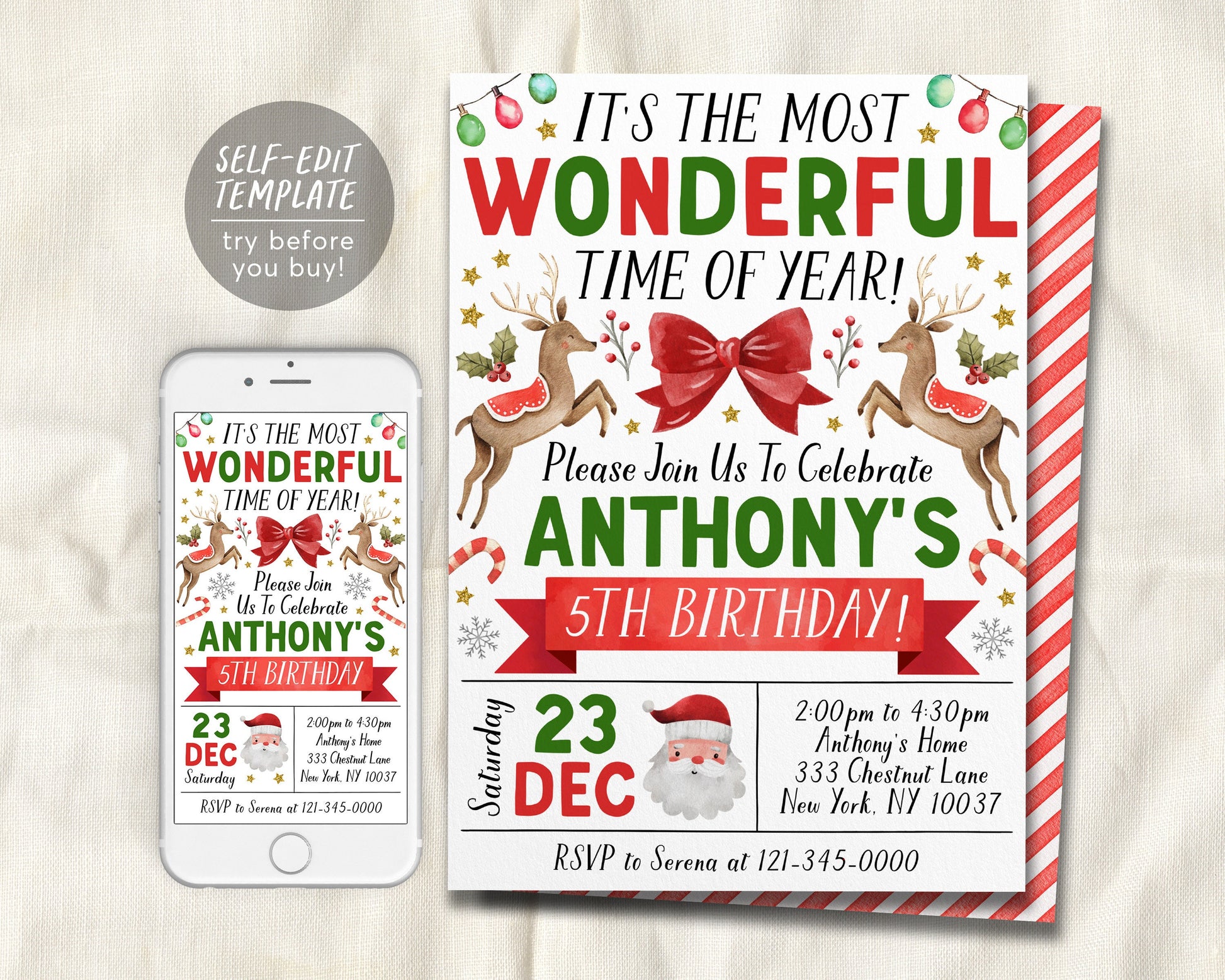 Christmas Birthday Invitation Editable Template