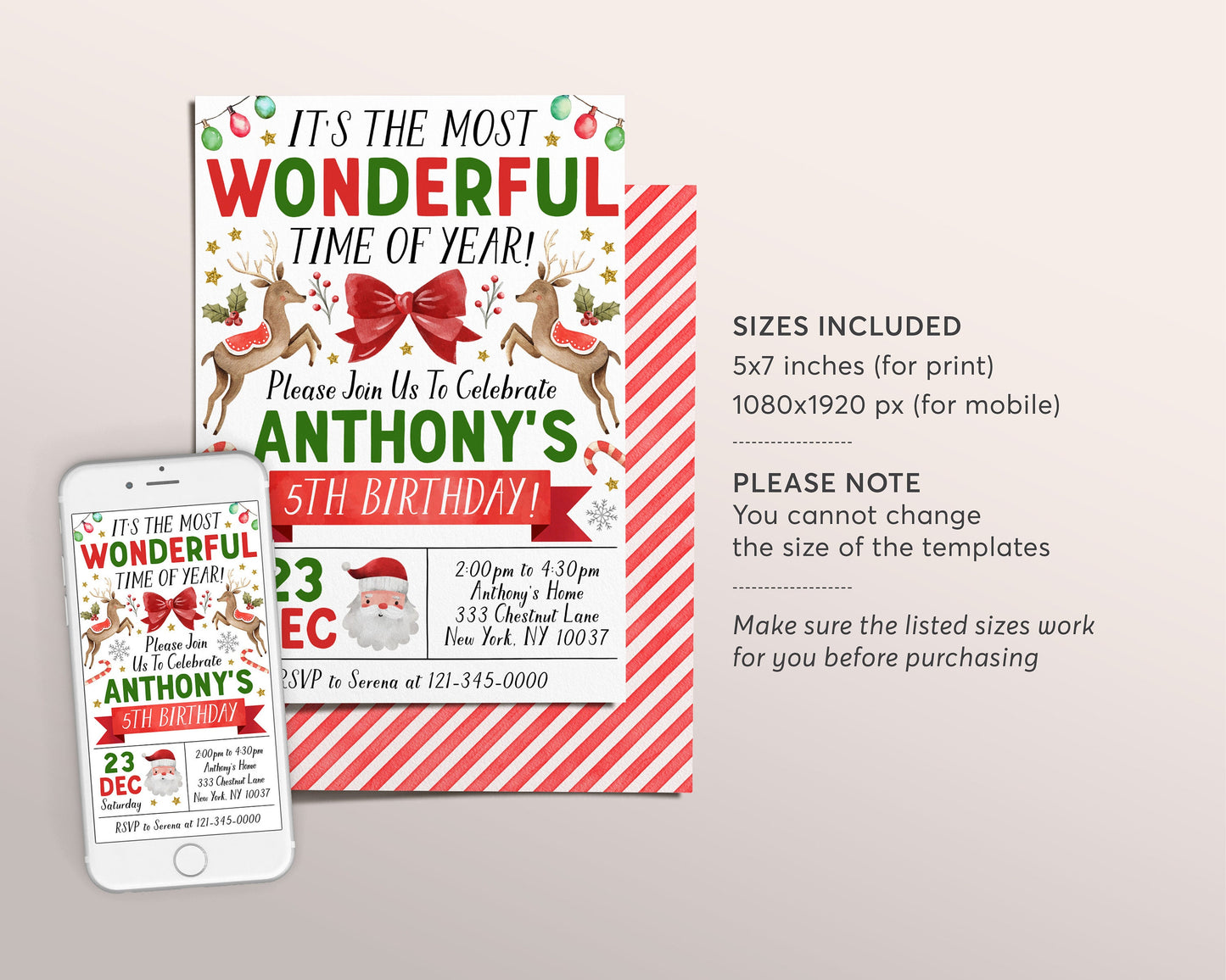 Christmas Birthday Invitation Editable Template, Most Wonderful Time of the Year Birthday Party Invite, Kids Reindeer Santa Holiday Evite