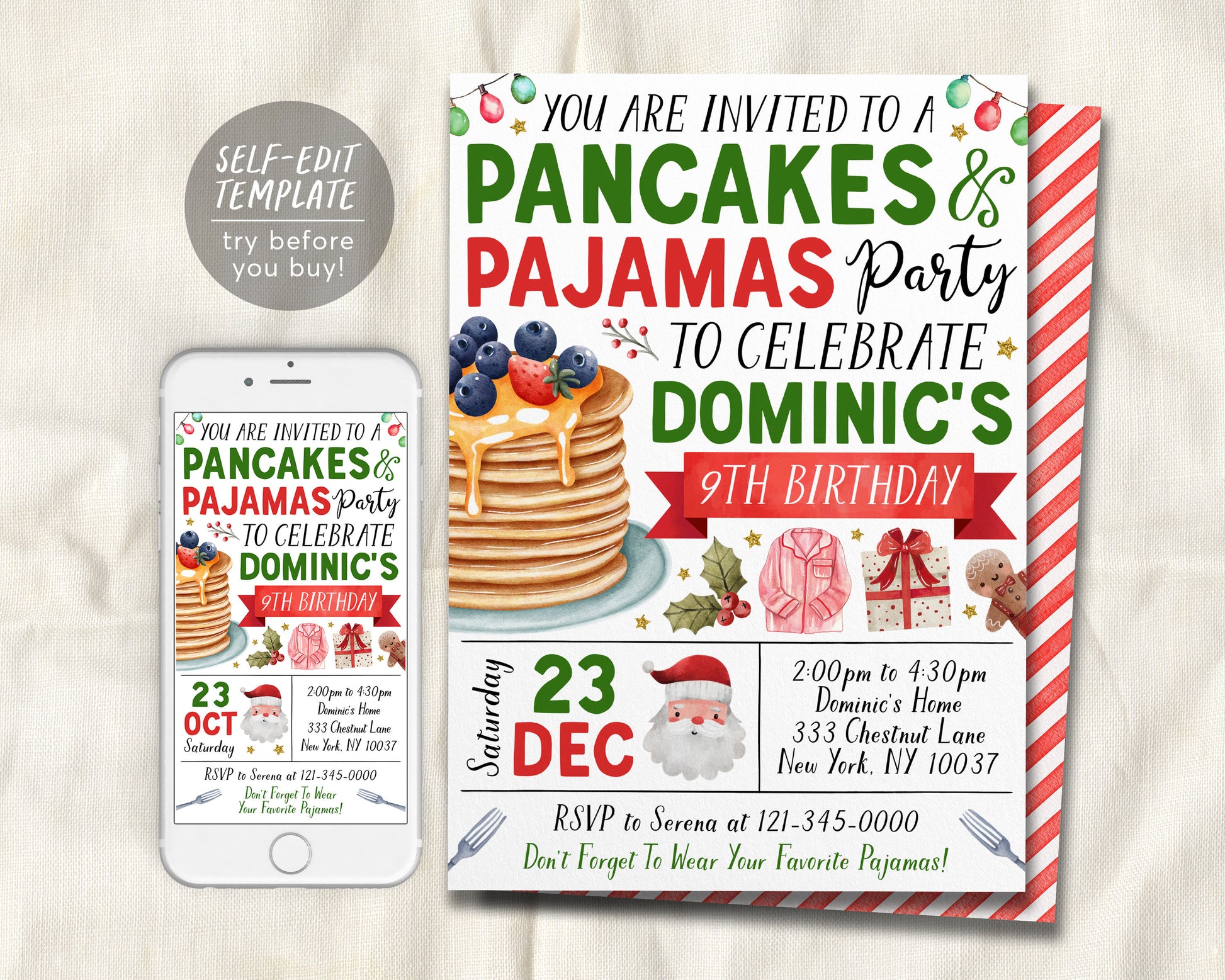 Christmas Pancakes and Pajamas Birthday Invitation Editable Template