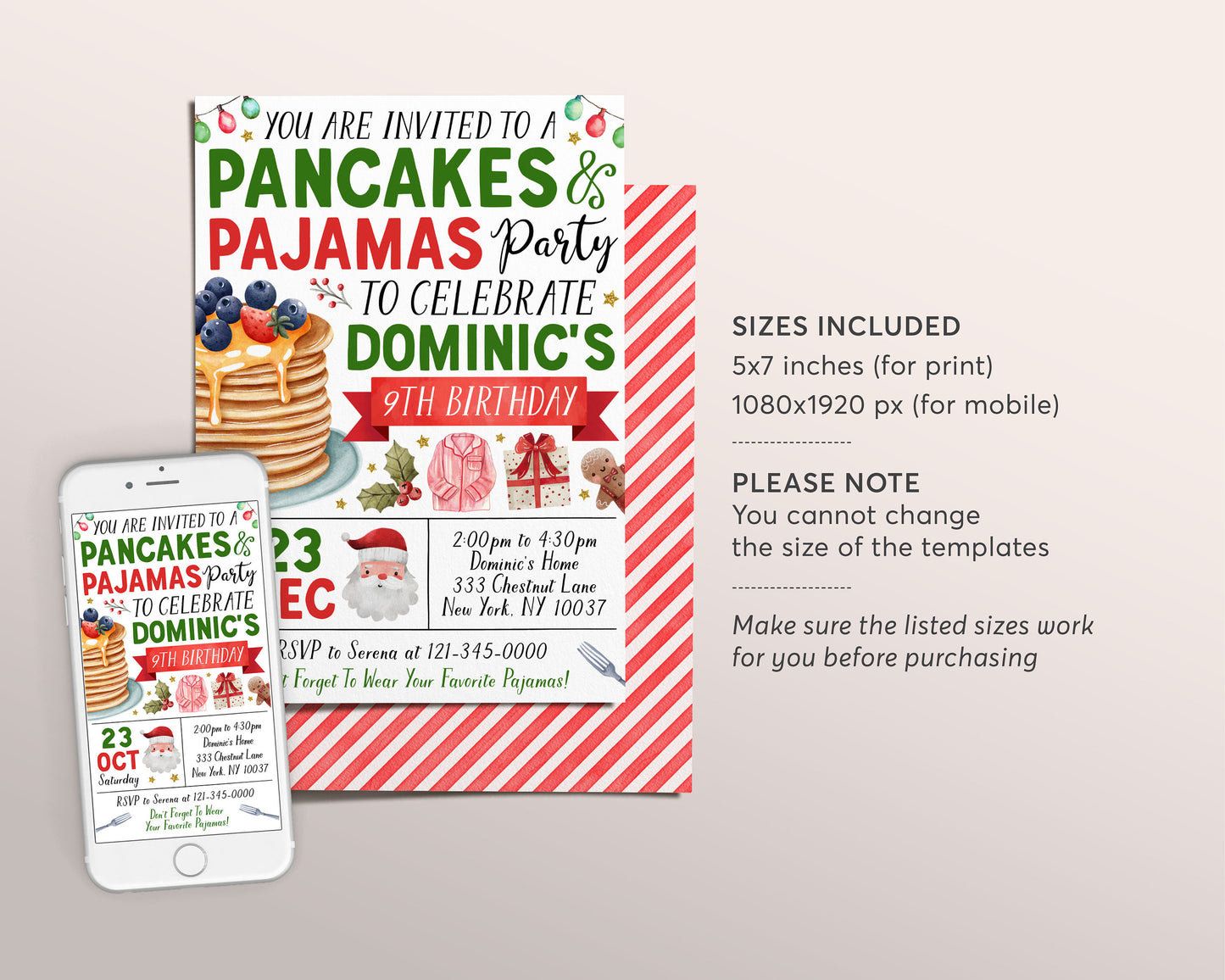 Christmas Pancakes and Pajamas Birthday Invitation Editable Template, Brunch Pancakes With Santa Party Invite, Kids PJs Xmas Holiday Evite