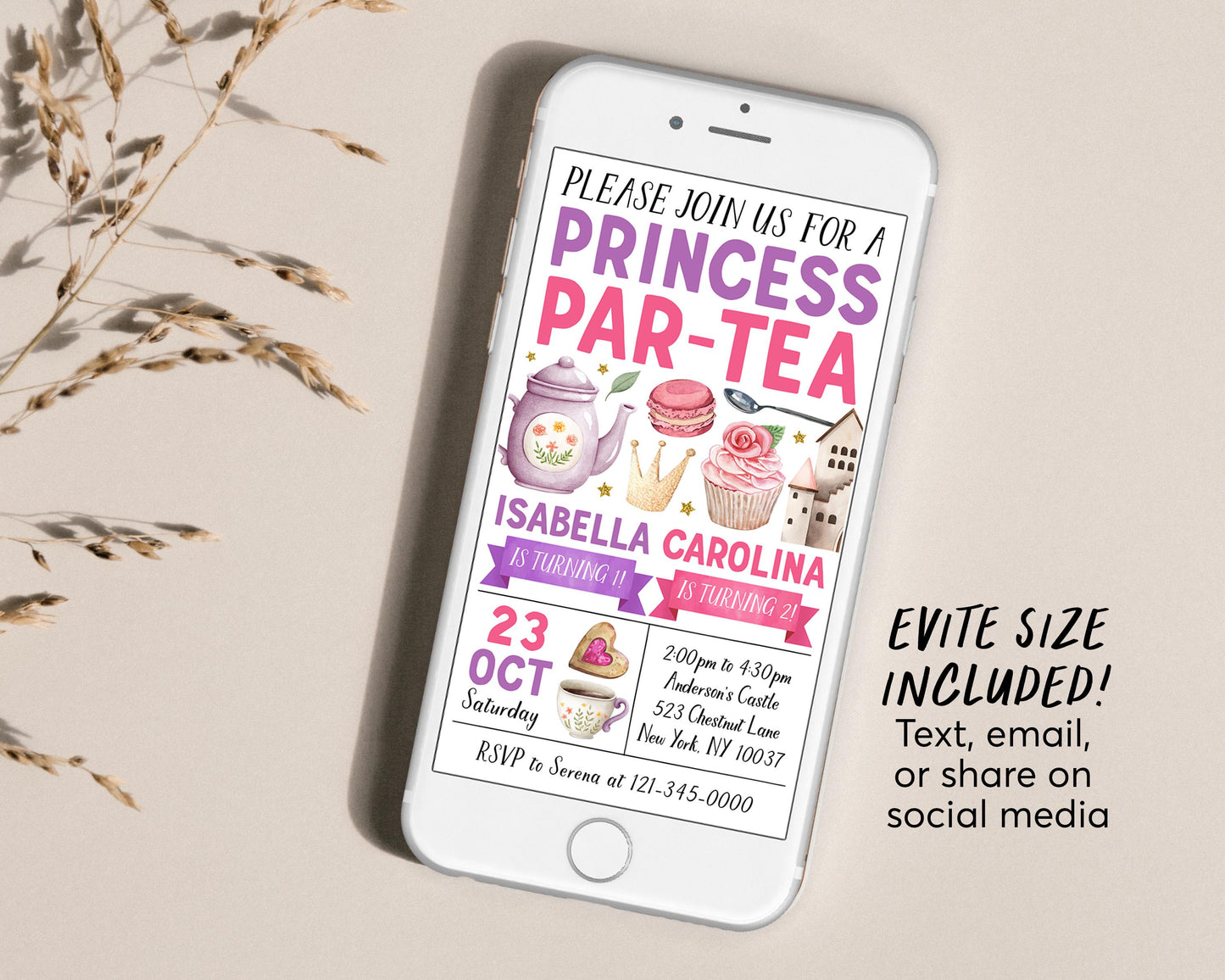 Princess Tea Party Joint Siblings Birthday Invitation Editable Template, Twins Girls Let's Par-Tea High Tea Afternoon Castle Party Invite,