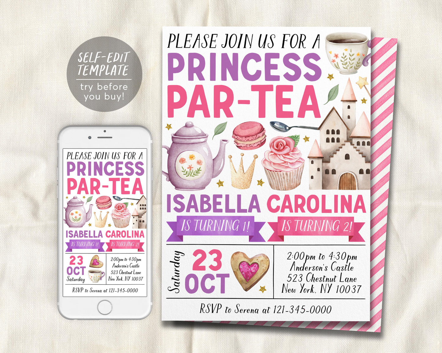 Princess Tea Party Joint Siblings Birthday Invitation Editable Template