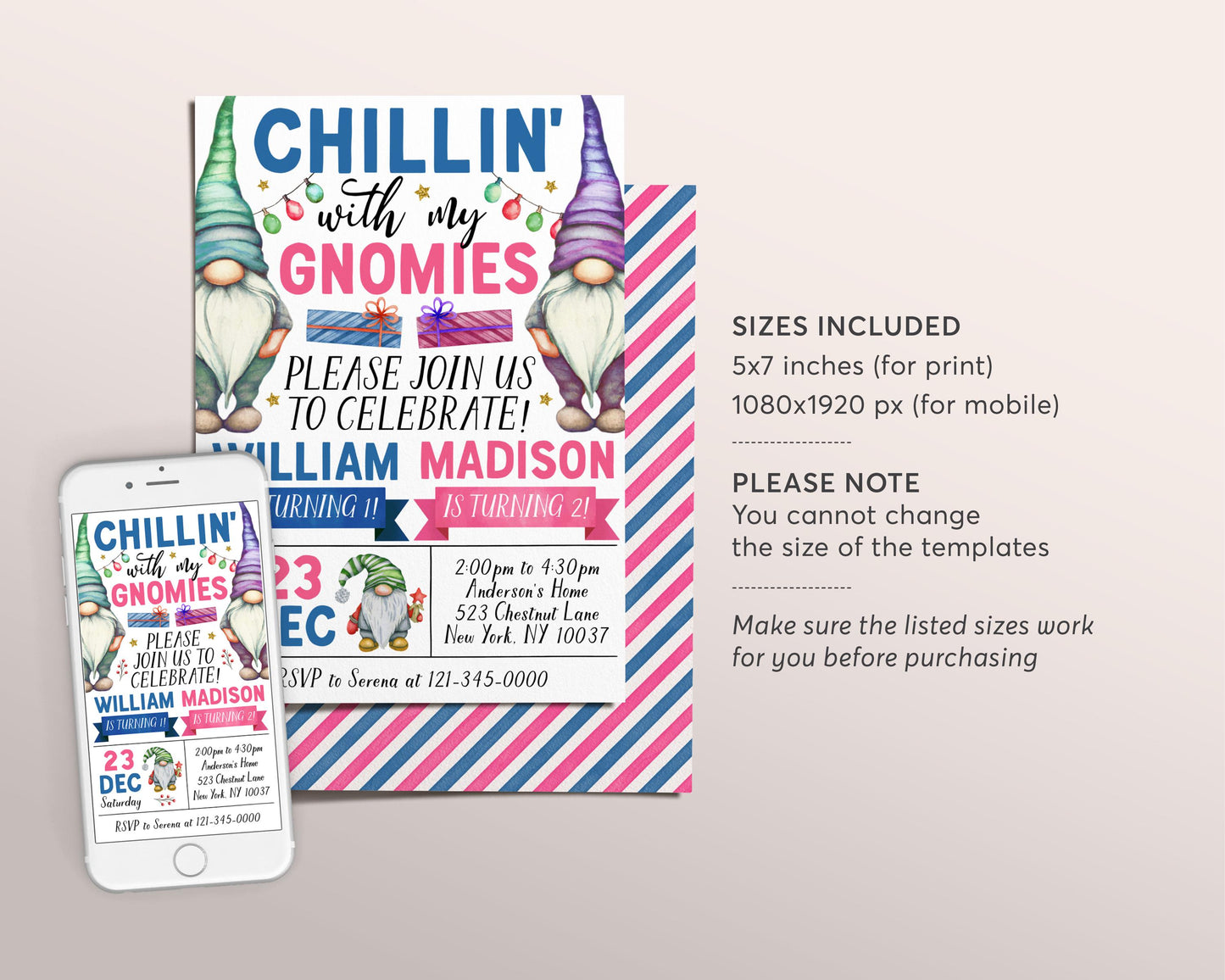 Gnome Joint Siblings Birthday Invitation Editable Template, Twins Girl Boy Chillin' with My Gnomies Party Invite, Gnomes Winter Party Evite