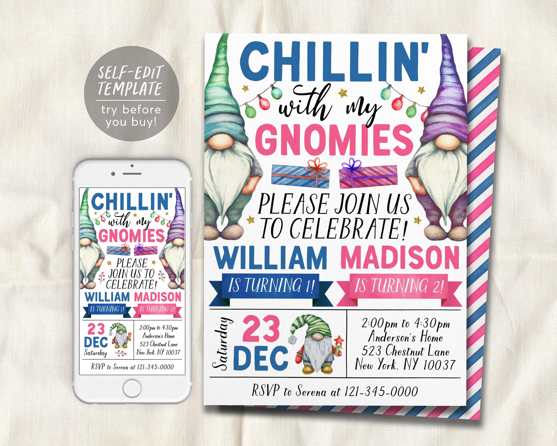 Gnome Joint Siblings Birthday Invitation Editable Template